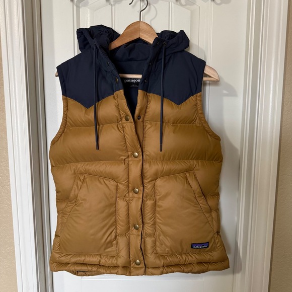 Patagonia Down Bivi Vest Women's Medium Hooded Brown Navy Western - Picture 2 of 7